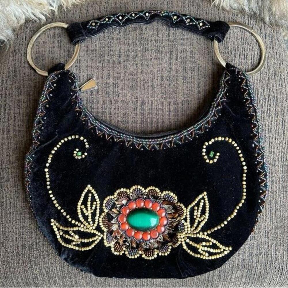 VINTAGE Boho Crescent Beaded Feather Embellished Hobo Shoulder Bag LIKE NEW - Picture 3 of 15
